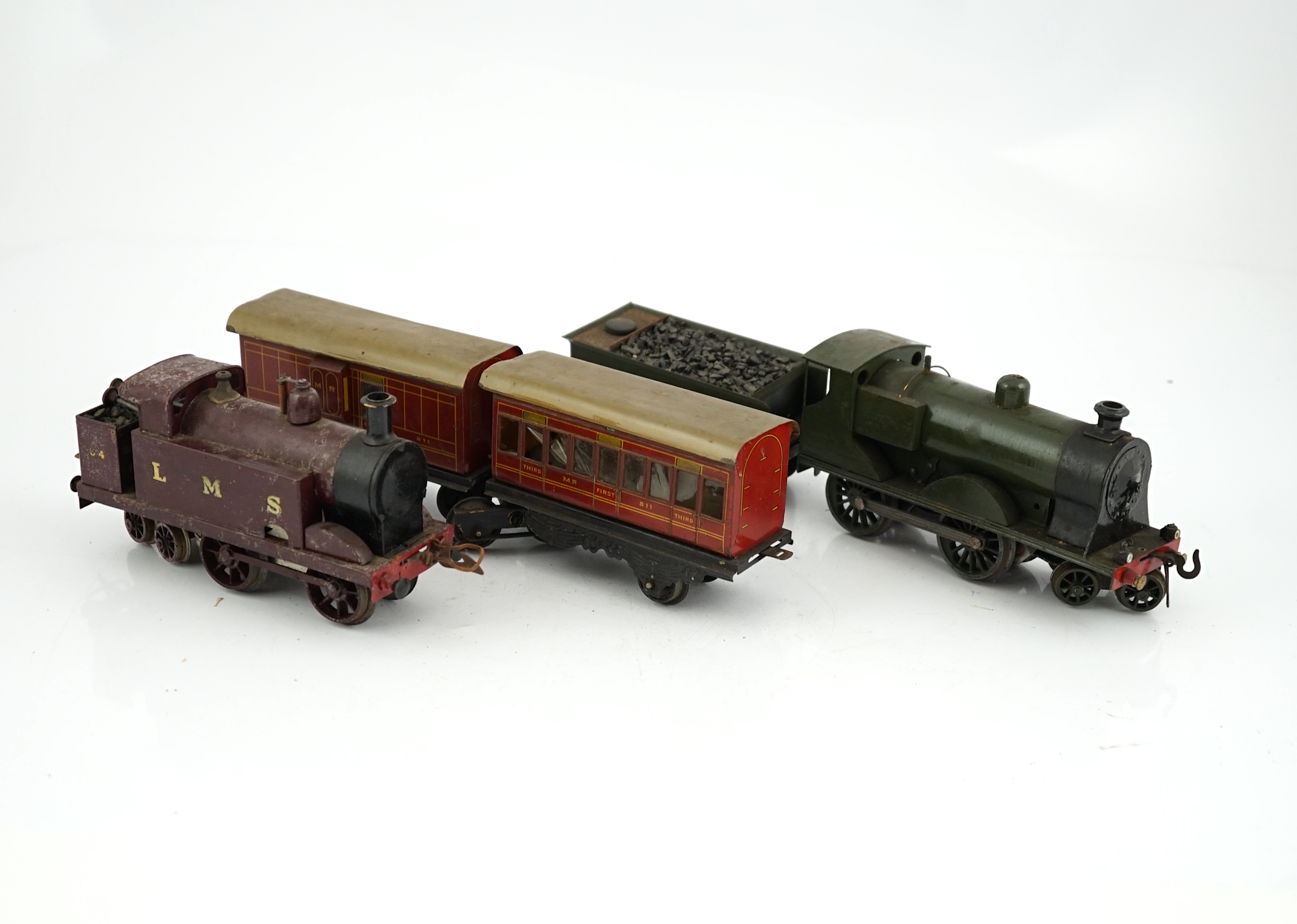 Ten 0 gauge tinplate railway items, most adapted from other parts and models, including three clockwork locomotives; n LSWR 4-4-0 tender loco, an LMS 0-4-4T loco and an SR 0-4-2T loco, together with four SR 4-wheel coach